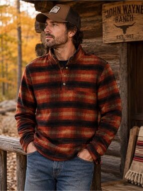 John Wayne Fleece Pullover Mens L Snap Mock Neck Plaid Western Ranch Cabin Core